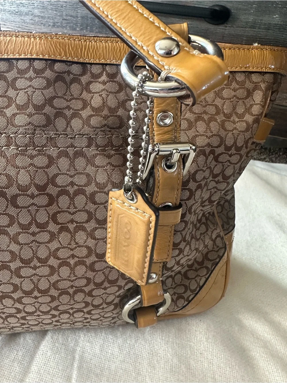 Coach Brown Signature Canvas Tote with Tan Leather Trim